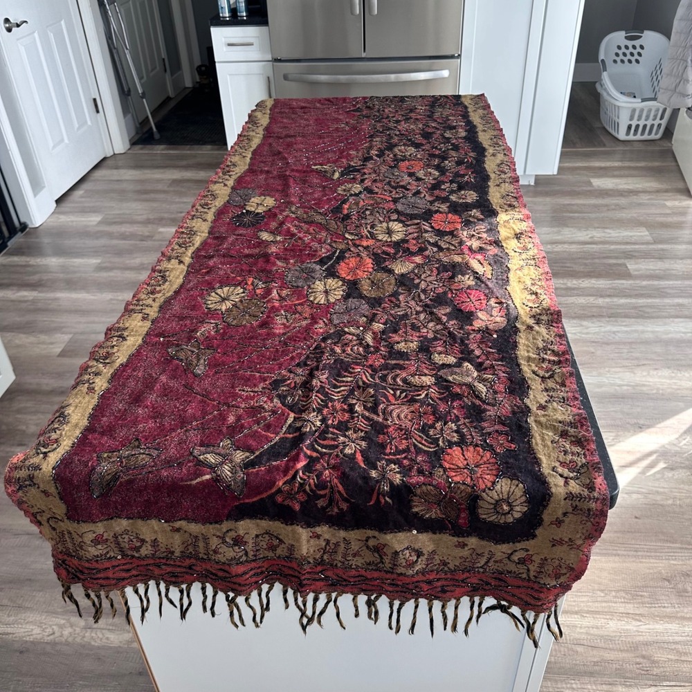 Pashmina Scarf Burgundy‎ Beaded Floral Boho Gypsy Wrap Butterflies - Picture 3 of 12